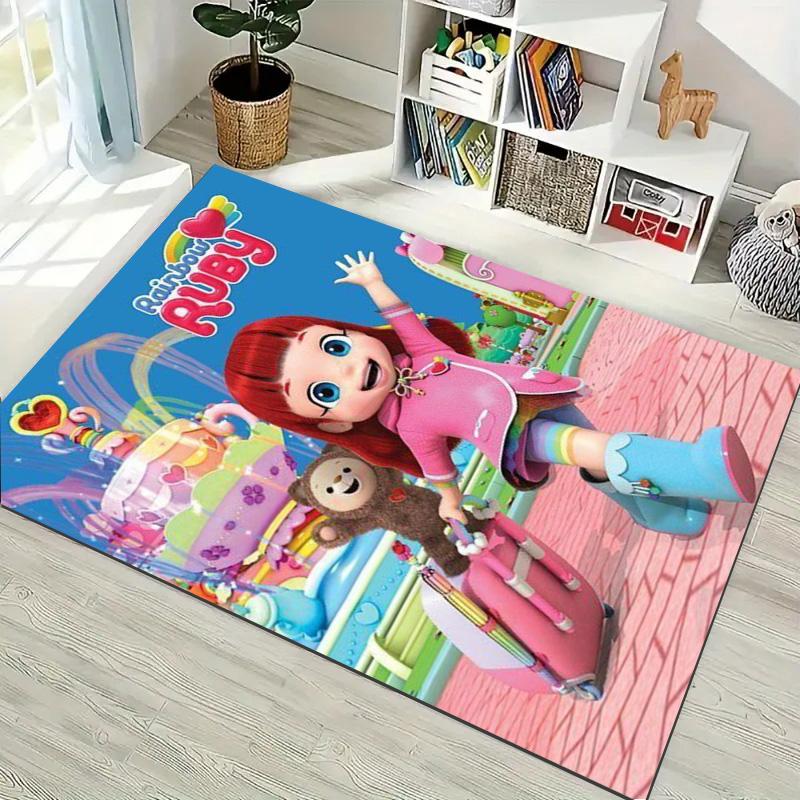 Rainbow Ruby Cartoon Girl Character Print Area Rug Non‑Slip Rectangular Floor Mat Kids Fantasy Animation Decor Rug for Bedroom Living Room