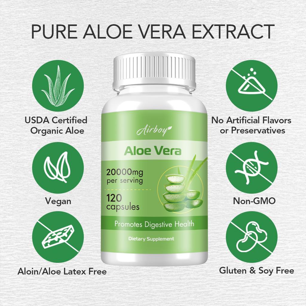 Capsule di aloe vera, integratore naturale, contenente 20.000 mg di estratto di aloe vera, adatte agli adulti.