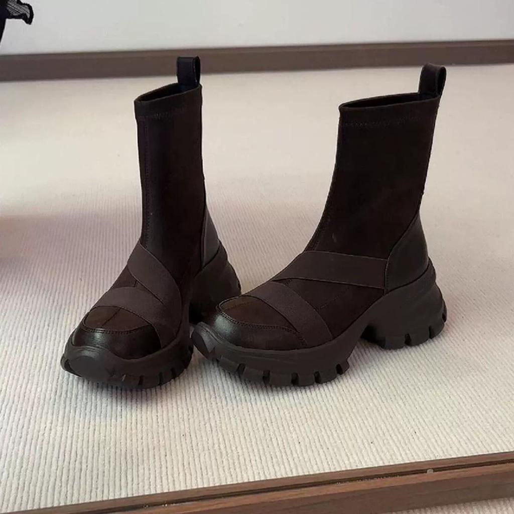 Elastic Boots 2026 Spring and Autumn Round Toe Retro Patchwork Sports Short Boots for Women To Look Slim and Versatile Sock Boot