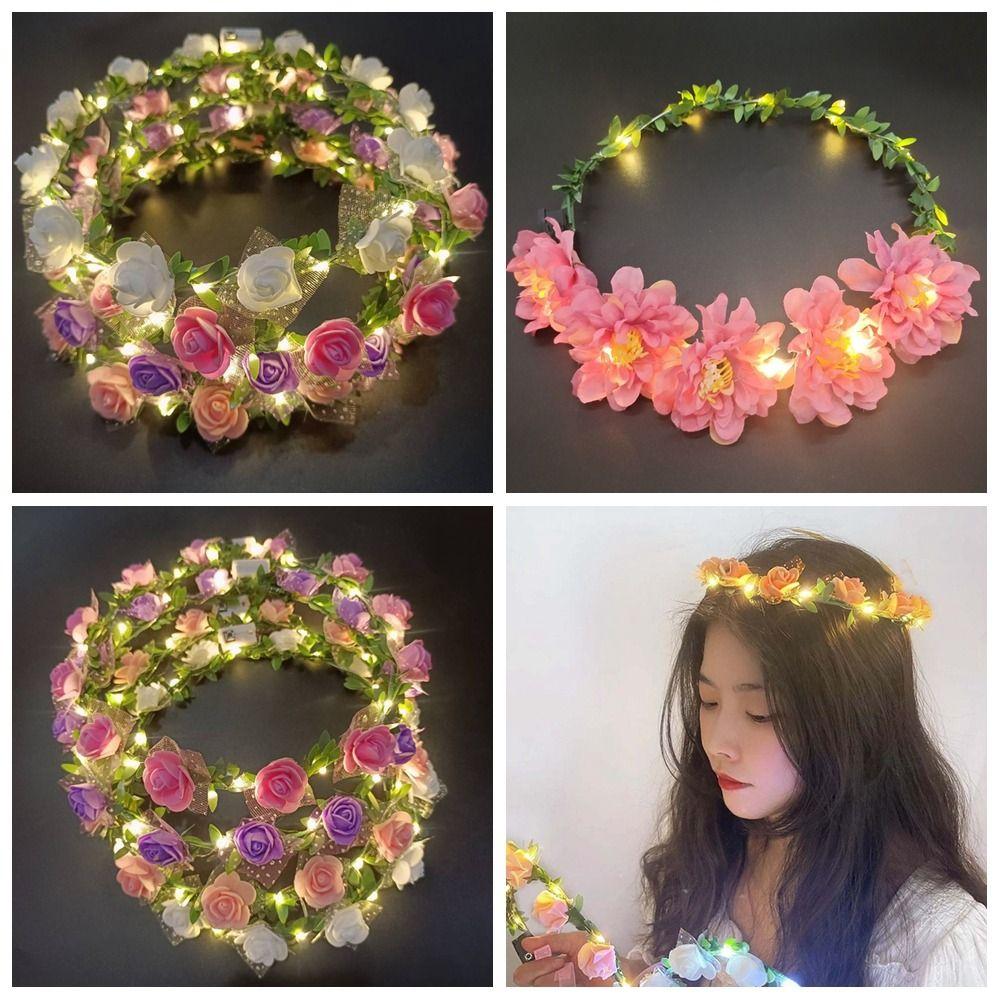 Luminous Flower Crowns Simulation Rose Flower Glowing Wreath Vintage Wreath Headband  For Bride