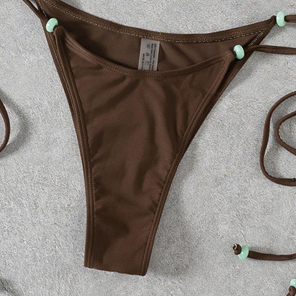 Solid Color Beaded Halter Side Tie Sexy Split Bikini Swimsuit Swimsuit For Women