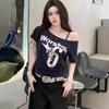 American retro letter print diagonal neck short-sleeved T-shirt women's summer new hot girl off-the-shoulder thin top trendy