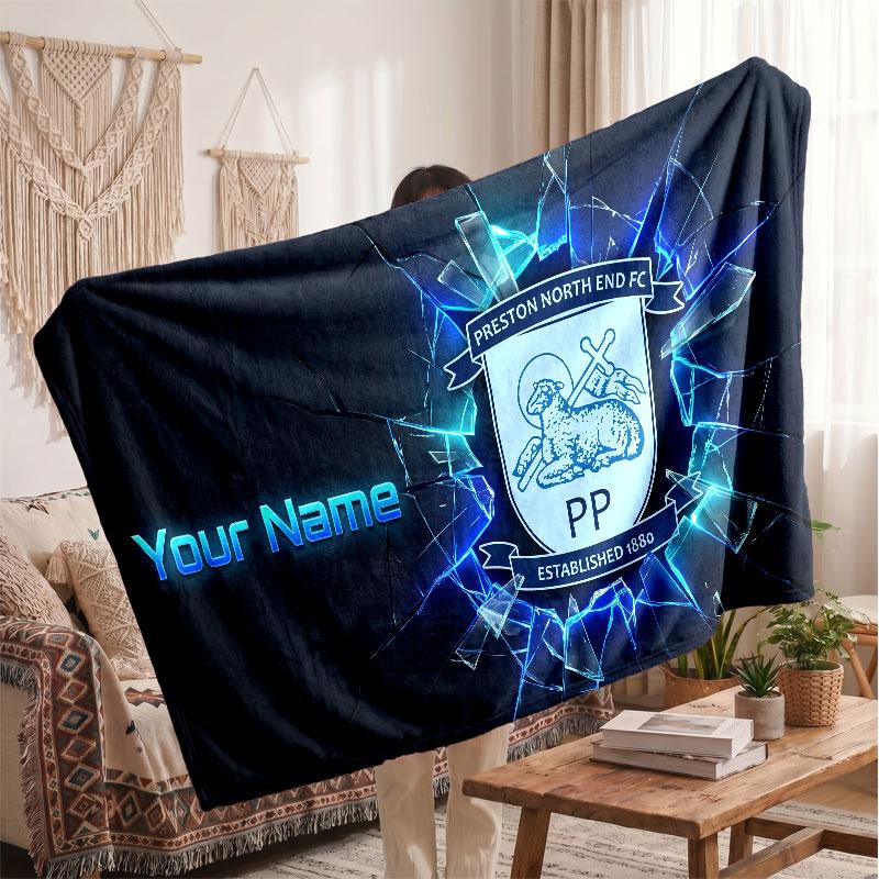 Preston North End Personalized Fleece Blanket With Football Logo, Custom Name Text Soft Warm Home Throw Blanket
