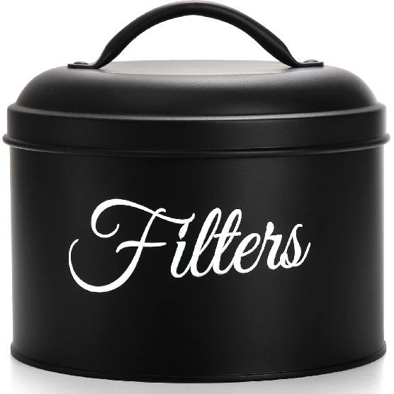 Suwimut Coffee Filter Holder, Black Enamelware Basket Coffee Filter Holder Storage Container with Lid, Rustic Round Metal Coffee Filter Dispenser for