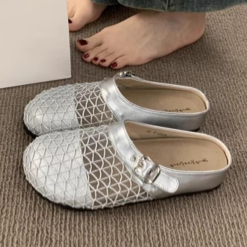 Niche hollow breathable mesh yarn bag head half slippers women summer wear a pedal thick bottom fishing net