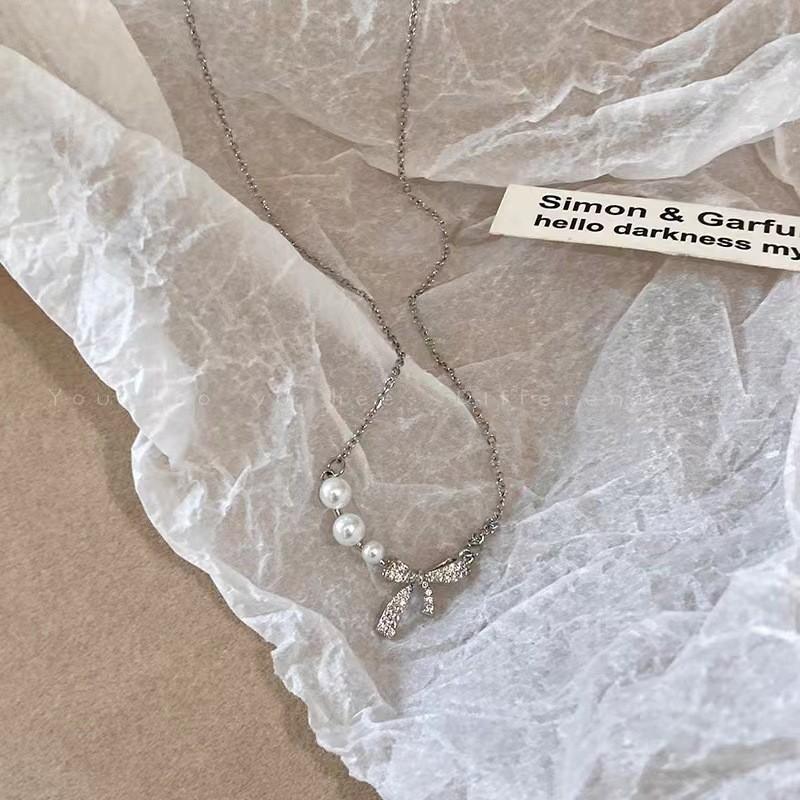 iF ME Butterfly Knot Artificial Pearl Necklace for Woman Silver Chain Pendant Necklaces Accessories Jewelry