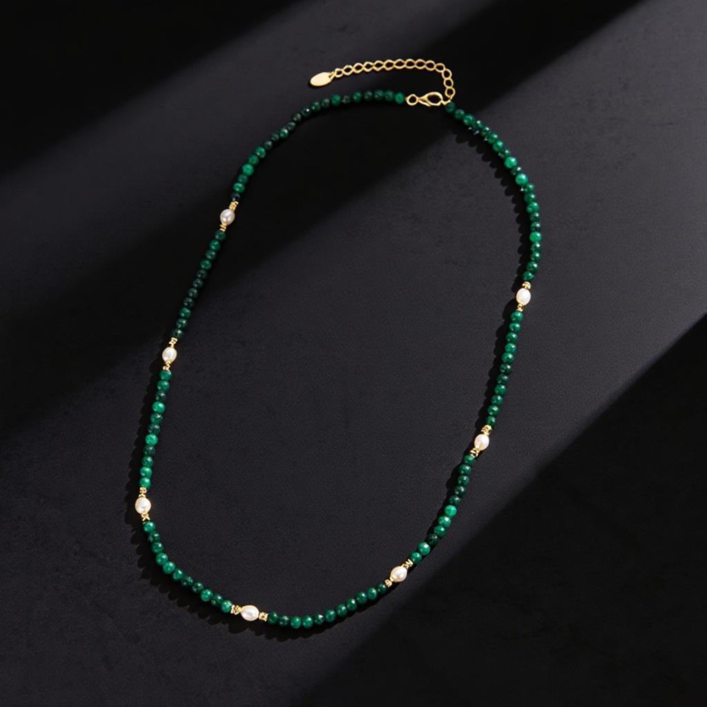 EFFIE QUEEN 925 Sterling Silver 14K Gold Choker Necklace Natural Freshwater Pearl With Malachite Natural Stone Series Gift MPN07