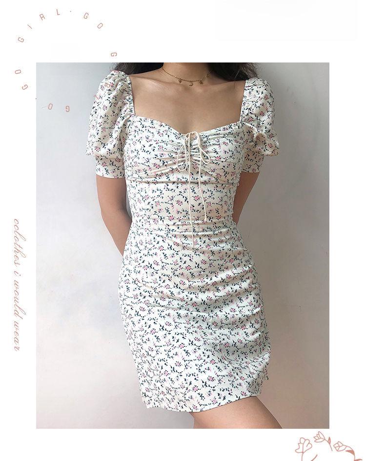 Women's Floral Puff Sleeve Lace-Up Short Dress - Spring/Summer Trendy Slimming Waist-Cinching Design