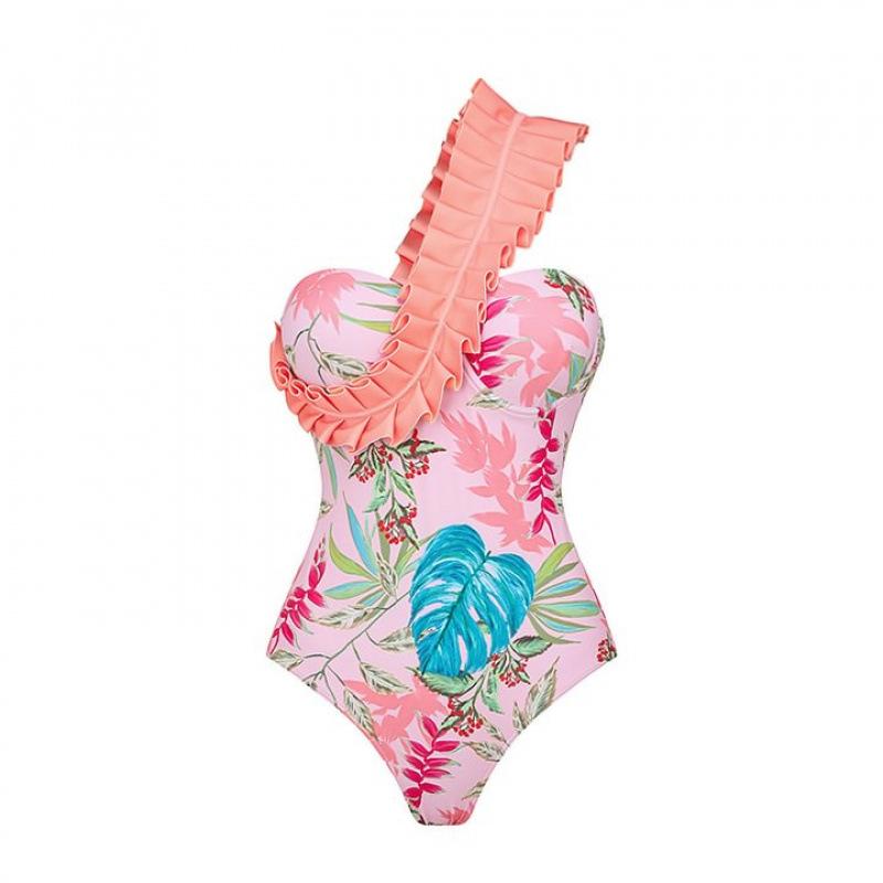 Lotus leaf edge pleated shoulder floral one-piece swimsuit women s foreign trade swimsuit 88 S