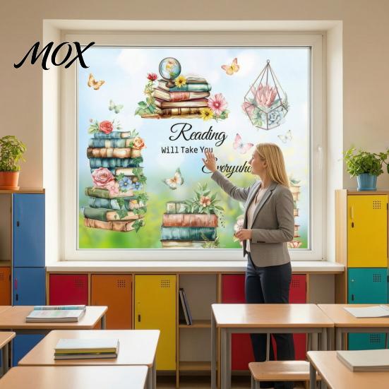 Back to School Window Clings Book Cling, Static Decals with Butterfly Flower Literary Pattern Stickers for Classroom Glass, Removable No Glue