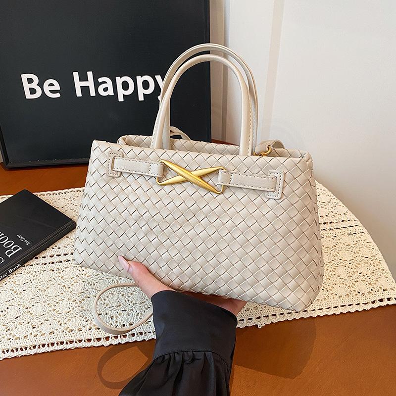 New French woven bag femininity versatile commuter handbag metal bow shoulder messenger bag