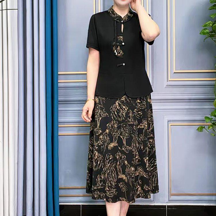 New Summer Lapel Print Patchwork Fake Two-Piece Knee-Length Slimming Dress for Mid-Aged Mothers XL (90-105 lbs) коричневый/цветочный