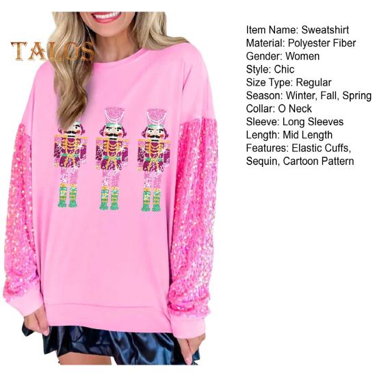 Weihnachts-Sweatshirt für Damen, Pailletten, Cartoon-Muster, Rundhalsausschnitt, lange Ärmel, lockerer Pullover in mittlerer Länge, Party, Urlaub, Top