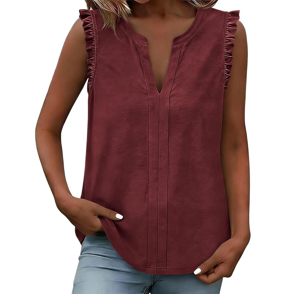 Damen Casual Tops Gerüschte Ärmellose Tops Lockere V-Ausschnitt Hemden Plissiertes Tanktop