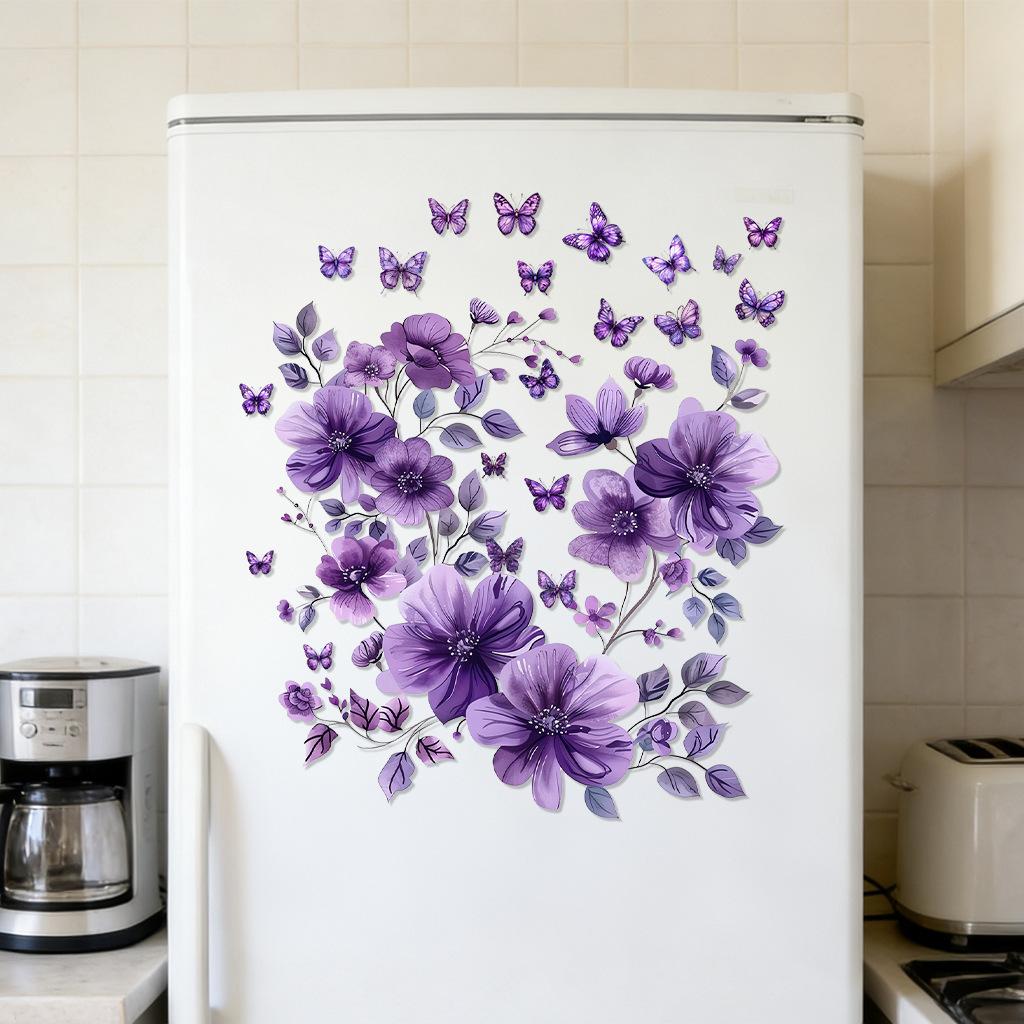 Purple Floral Butterfly Wall Stickers, Removable Anti-Static Waterproof Self-Adhesive PVC Decals for Living Room Bedroom Home Decor
