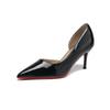 Stylish Black High Heels, Thin Heels, Side Empty Pointed Head, Shallow Mouth Dress, Simple and Versatile Patent Leather, Spring and Summer Red-soled