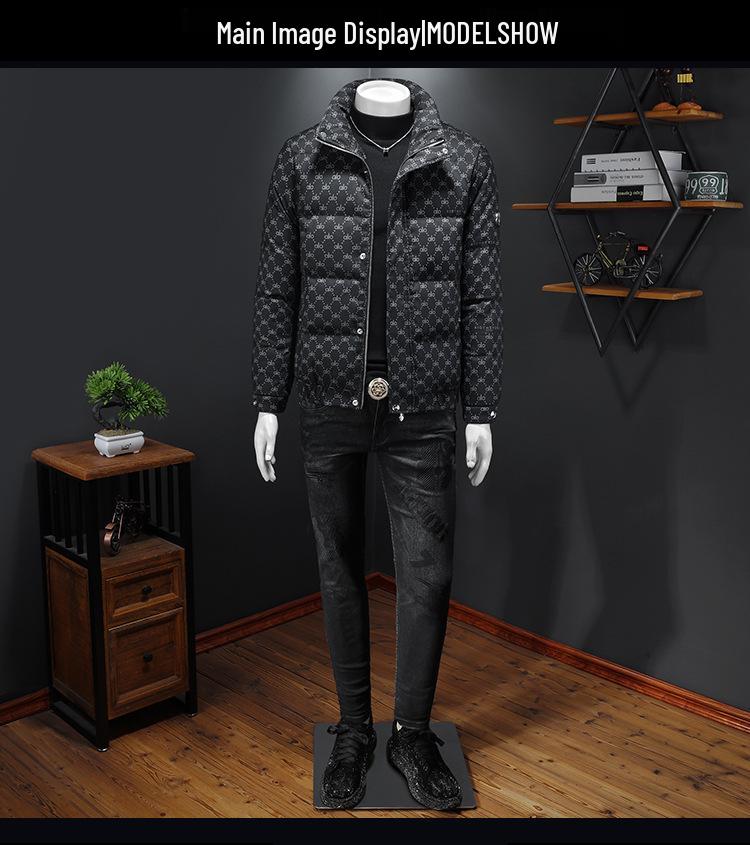 European Men's Stand Collar Winter Down Jacket - Slim Fit, Warm, Trendy Print, High-End Casual Style