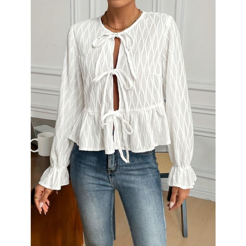 Women S Long Sleeve Lace Up Casual Solid Color Blouse