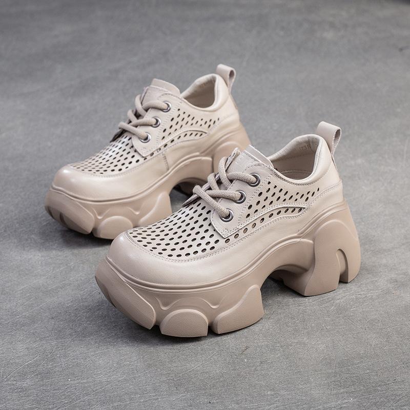 Fashion 7CM Women Chunky Platform Shoes Summer Hollow Out Breathable Genuine Cow Leather Round Toe Thick High Heel Casual Shoes