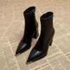 Fashion Brand Pu Black Ankle Boots 2025 Autumn French Retro Pointed Toe High Heel Chelsea Boots Metal Decoration Designer Short Booties