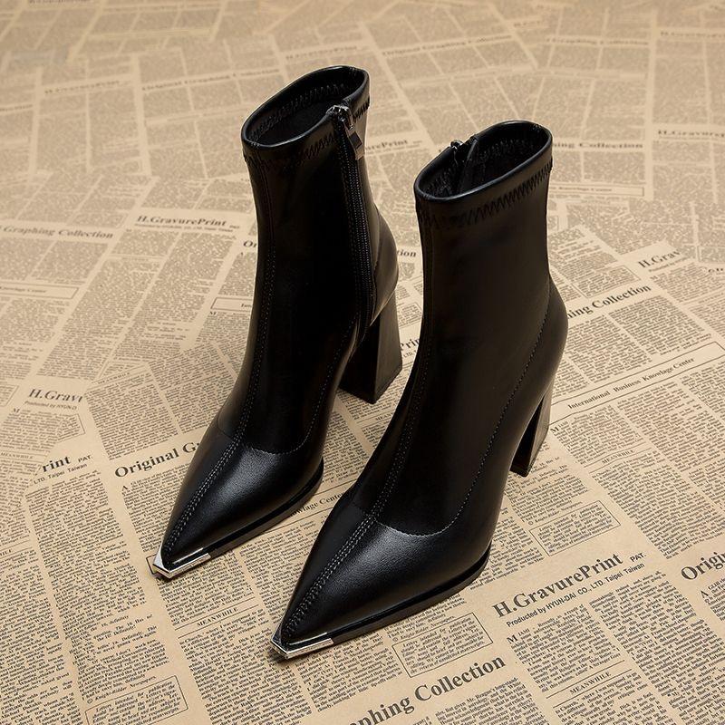 Fashion Brand Pu Black Ankle Boots 2025 Autumn French Retro Pointed Toe High Heel Chelsea Boots Metal Decoration Designer Short Booties