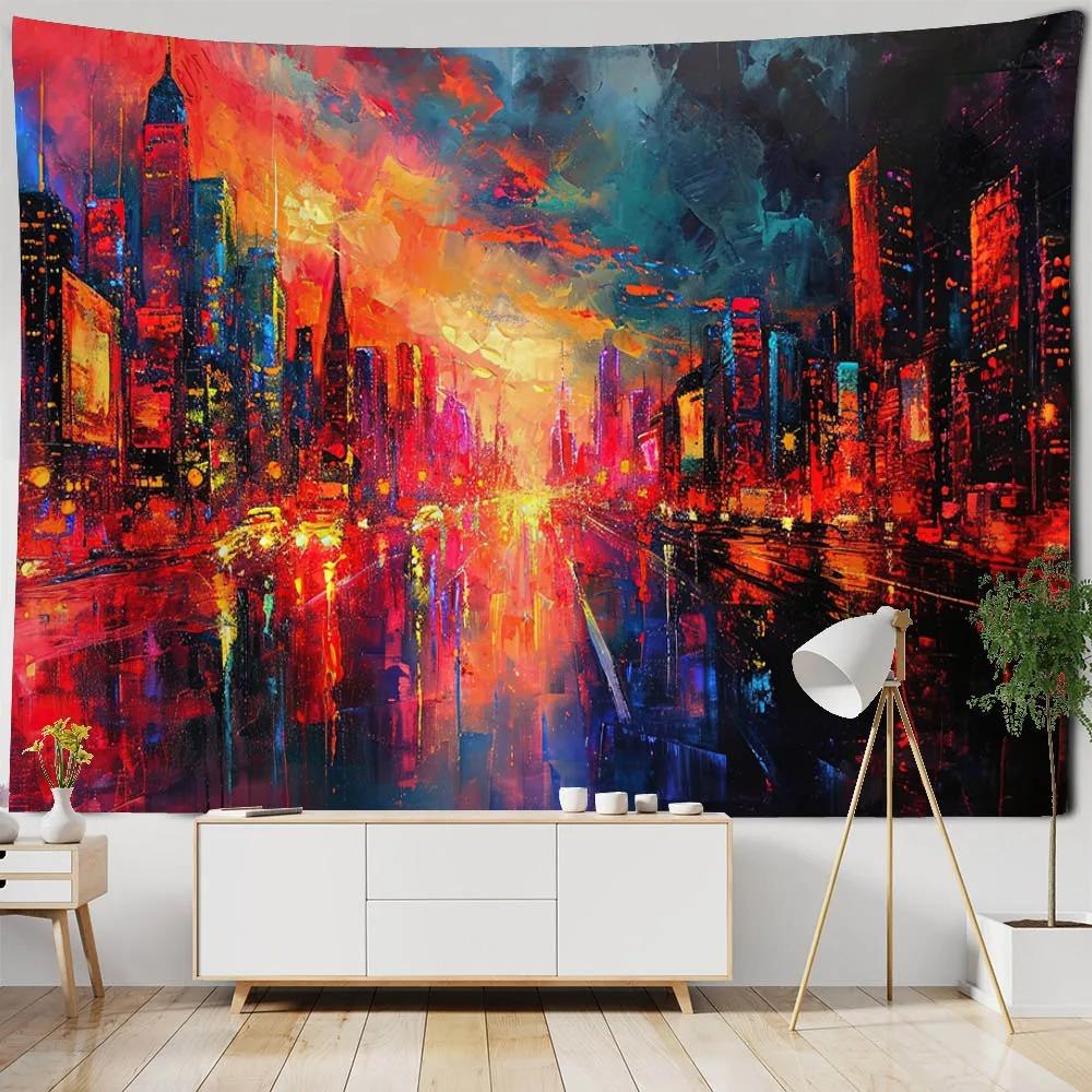 Home Decoration Bohemian Dream City Starry Sky Oil Painting Tapestry Wall Hanging Background Cloth Living Room Bedroom