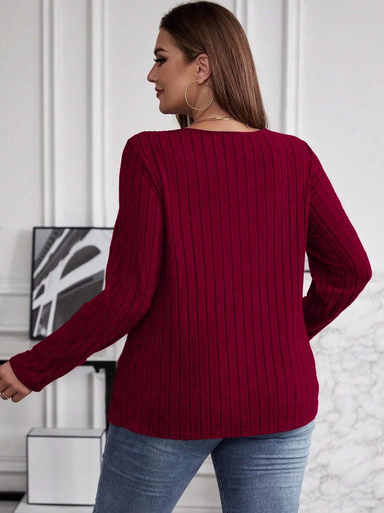 2025 Autumn/Winter Plus Size Solid Color V-Neck Long Sleeve Ribbed Pullover T-shirt