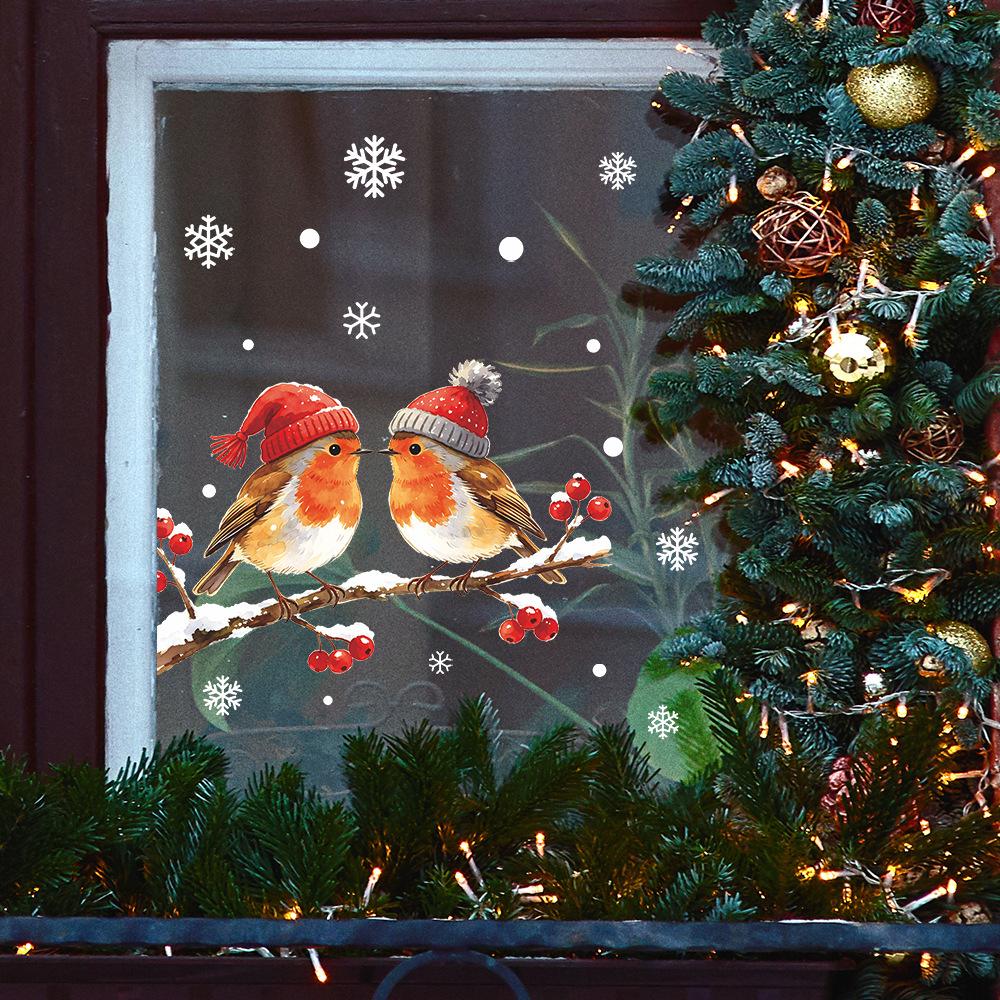Christmas Hat, Red Fruit Branch, Little Bird, Snowflake Dots, Balcony, Glass Window, Beautifying Window Sticker