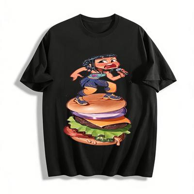 Hip-Hop Mädchen Steht auf Riesigem Burger Aufdruck T-Shirt Trendiger Street Style Locker Lässiges Oberteil Reines Baumwoll-T-Shirt
