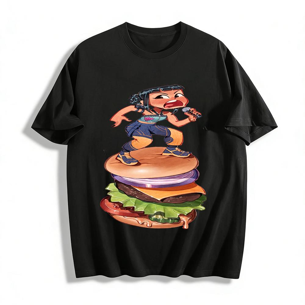 

Hip-hop Girl Stepping on Giant Burger Print T-shirt Trendy Street Style Loose Casual Top Pure cotton T-shirt XXS