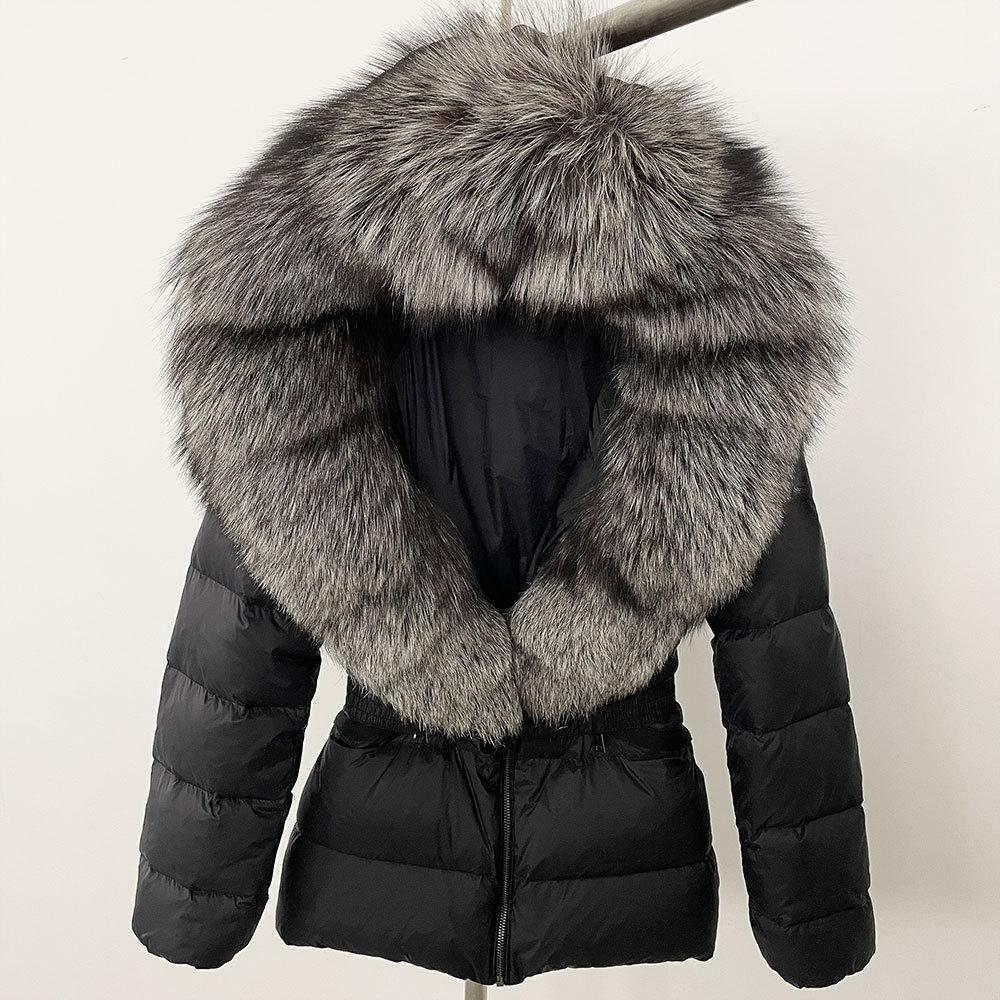 Winter new popular women's natural real fox fur collar white duck down jacket thickened waist slim down jacket