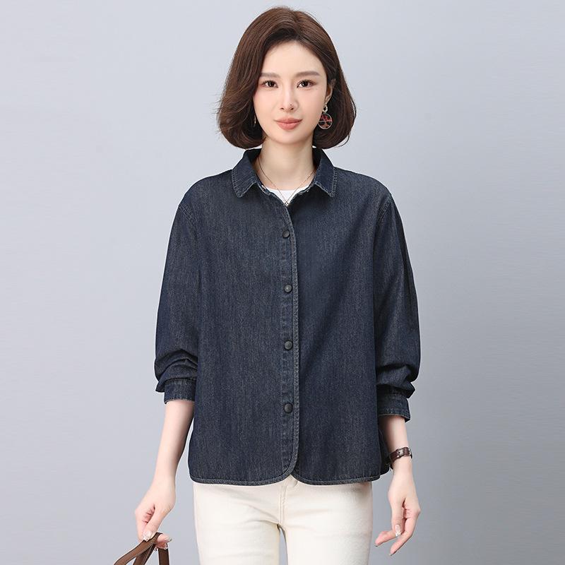 Women's Autumn Denim Shirt Jacket - Petite Casual Long-Sleeve Top
