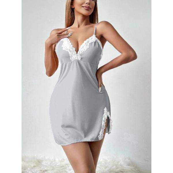 Women's Sexy Lace Nightgown V Neck Cami Sleep Dress Spaghetti Strap Slim Fit Short Slip Dress Side Slit Soft Stretch Nightwear