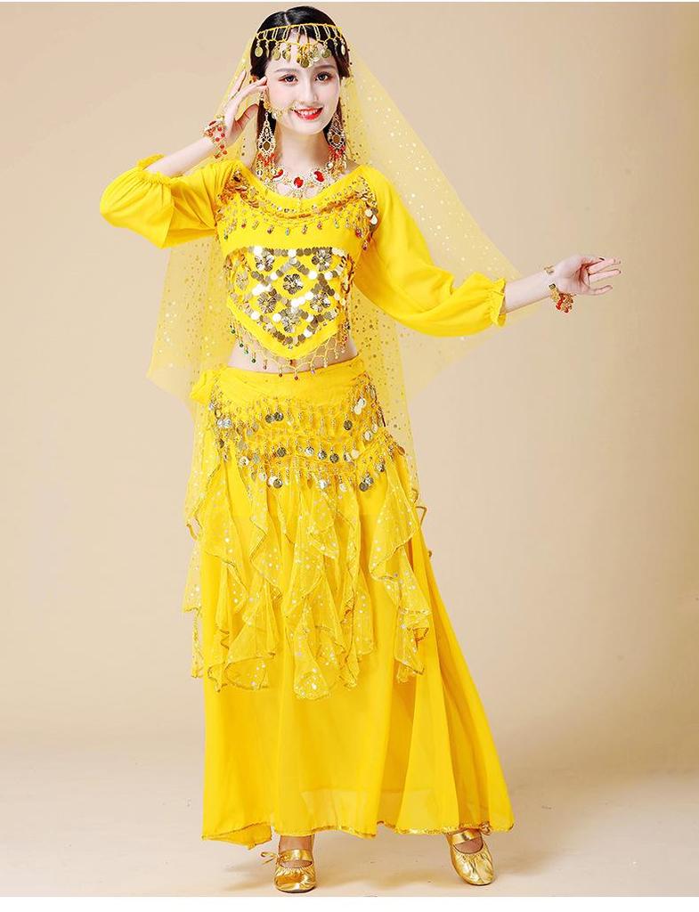 Women's Long Sleeve Indian Belly Dance Performance Costume with Short Sleeve Long Skirt