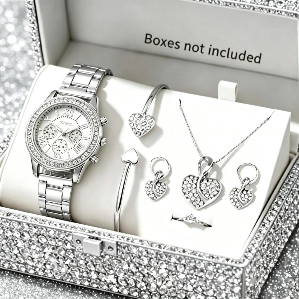 Light Luxury Niche Roman Steel Belt Full Diamond Set Bracelet Necklace Love Jewelry Set Quartz Watch