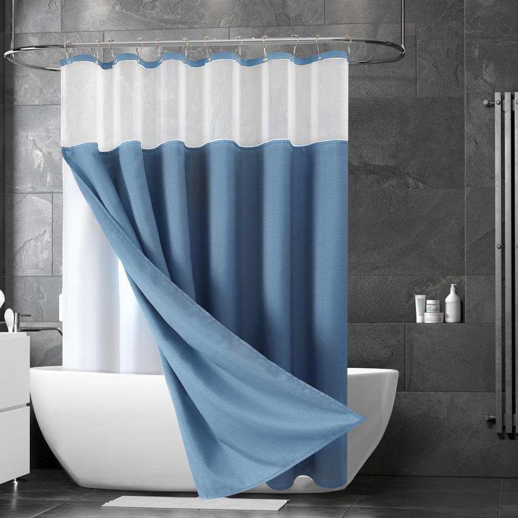 Double Layer Shower Curtain Waterproof Linen Bath Curtain Liner for Bathroom Bathtub Bathing Cover with Silver Metal Hooks