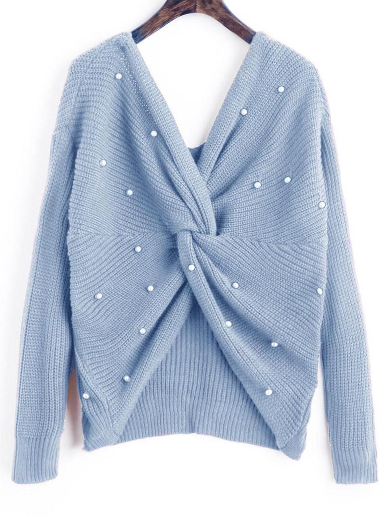 European Fashion Batwing Sleeve Knit Sweater with Cross Back Design for Women
