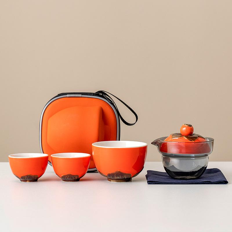 Persimmon Travel Kung Fu Tea Set Ruyi Kuaike Cup Single Portable Outdoor Ceramic Business Companion Gift