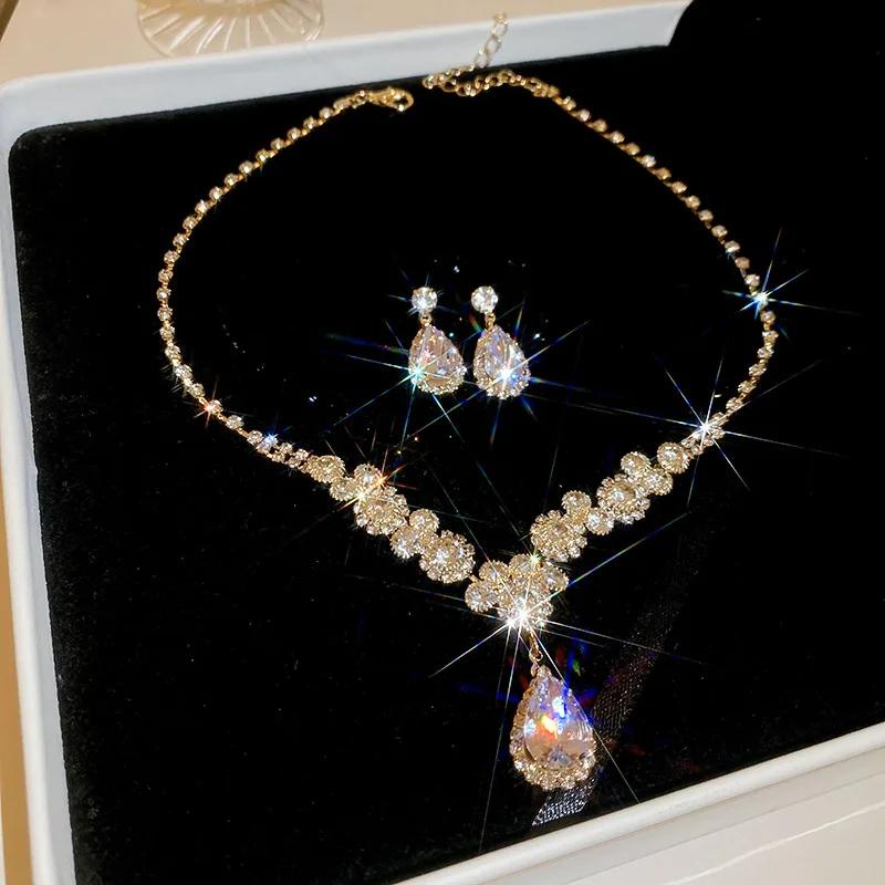 Fashion Green Stone Crystal Necklace Earrings Jewelry Set for Women Water Drop Crystal Necklace Earrings Luxury Bridal Wedding Jewelery