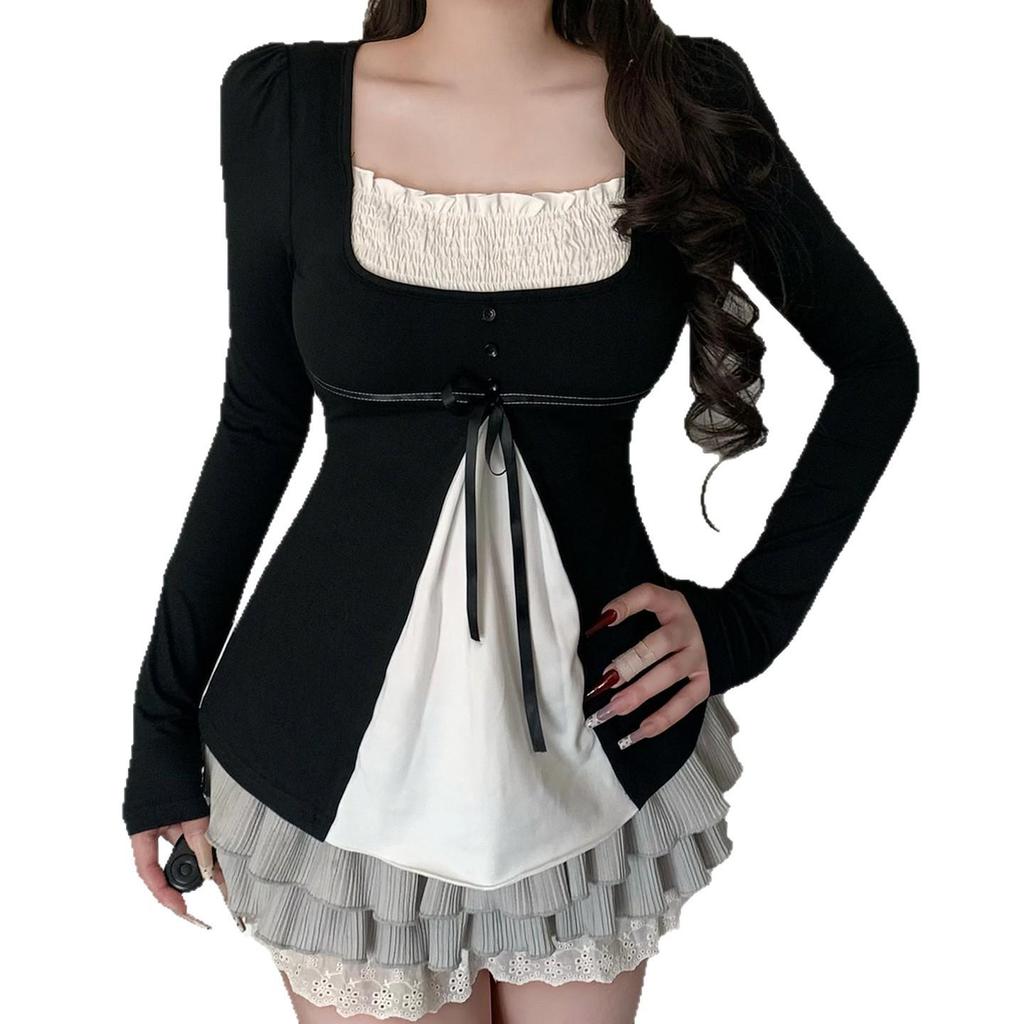 French Patchwork A-line Doll Top: Pleated Square Neck, Long Sleeve, Lace-up Waist, Autumn Winter Style for Women.