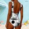 Women Plus Size High Round Neck Sleeveless One Piece Swimsuit Black White Grey Geometric Printed
