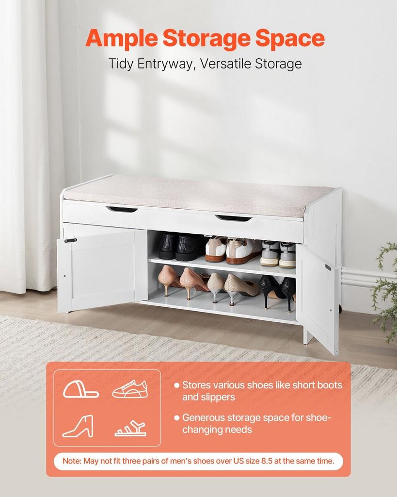 Shoe Bench, 1050 X 350 X 503 Mm Entryway Bench with Lift Top Storage and Seat Cushion, 250lbs Shoe Storage Rack with 3 Cabinets and Height Adjustable