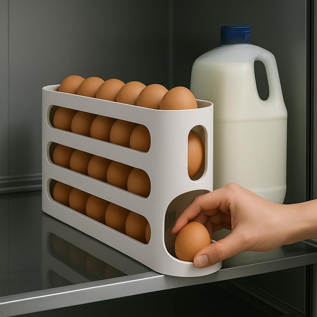 Large-Capacity 4 Tiers Egg Holder Auto Rolling Fridge Egg Organizer Dispenser for Refrigerator Cabinet Kitchen Egg Storage Tray