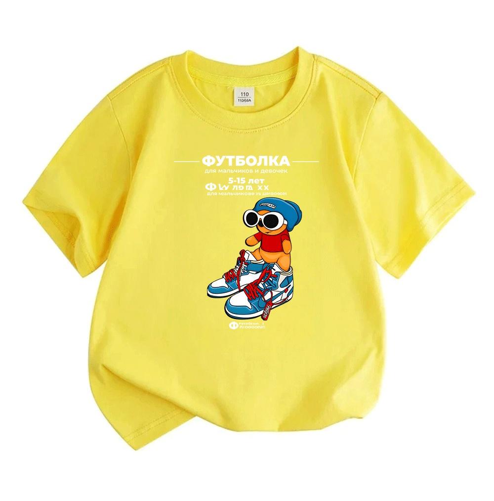 Kids Boys Girls 100% Cotton Crew Neck Short Sleeve T-Shirt, Cool Cartoon Bear With Sunglasses Beanie Sneakers Print Casual Tees for 5-15 Years Old