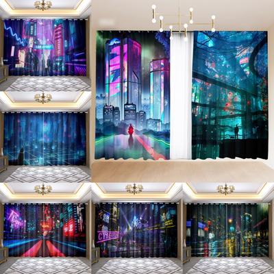 Rideaux 2 panneaux Vue de ville Anime Cyberpunk pour Chambre Salon Fenêtre du sol au plafond Cuisine Stores cortinas Rideaux Rideau