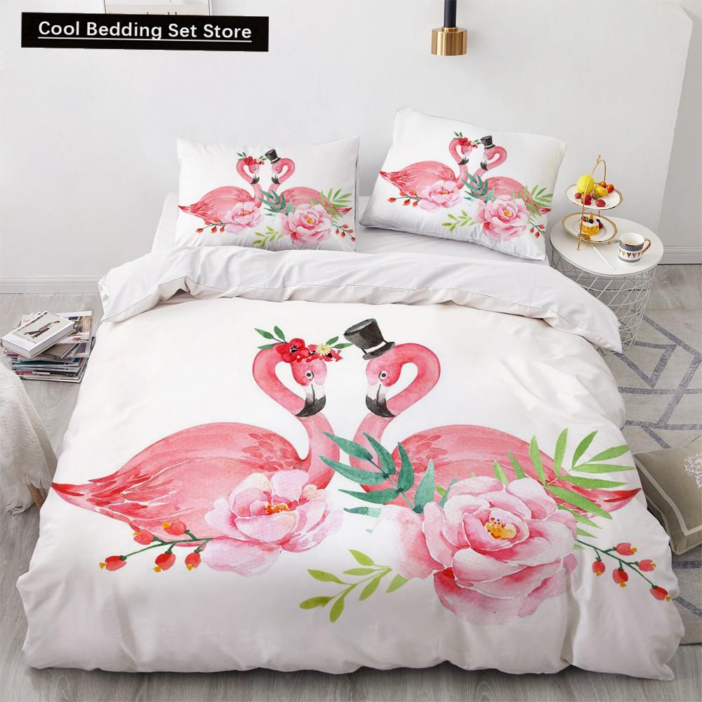Flamingo Duvet Cover King Queen 3D Pink Animal Bedding Set For Kids Teens Adults Watercolor Style Quilt Cover With Pillowcase