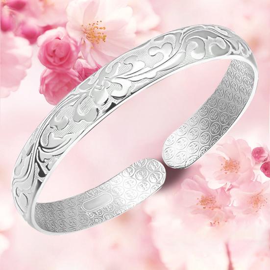 Lady Opening Bracelet Adjustable Circumference Floral Emboss Smooth Polished Wide Wrist Jewelry for Vacation Work Daily Wear