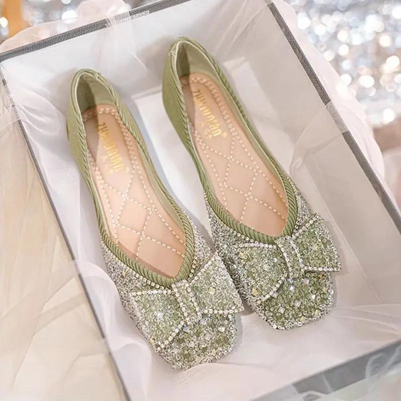Fashion With Crystals Diamond Bow Rhinestone Low Heel Elegant Square Toe Woman Flats Y2k Young Discount Popular Spring Shoes for Women