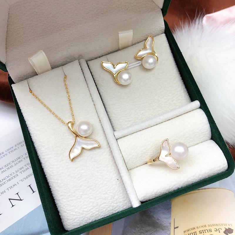 Classic Freshwater Pearl Jewelry Set: Mother-of-Pearl Fishtail Pendant, Earrings, and Ring (7-8mm) 7-8mm