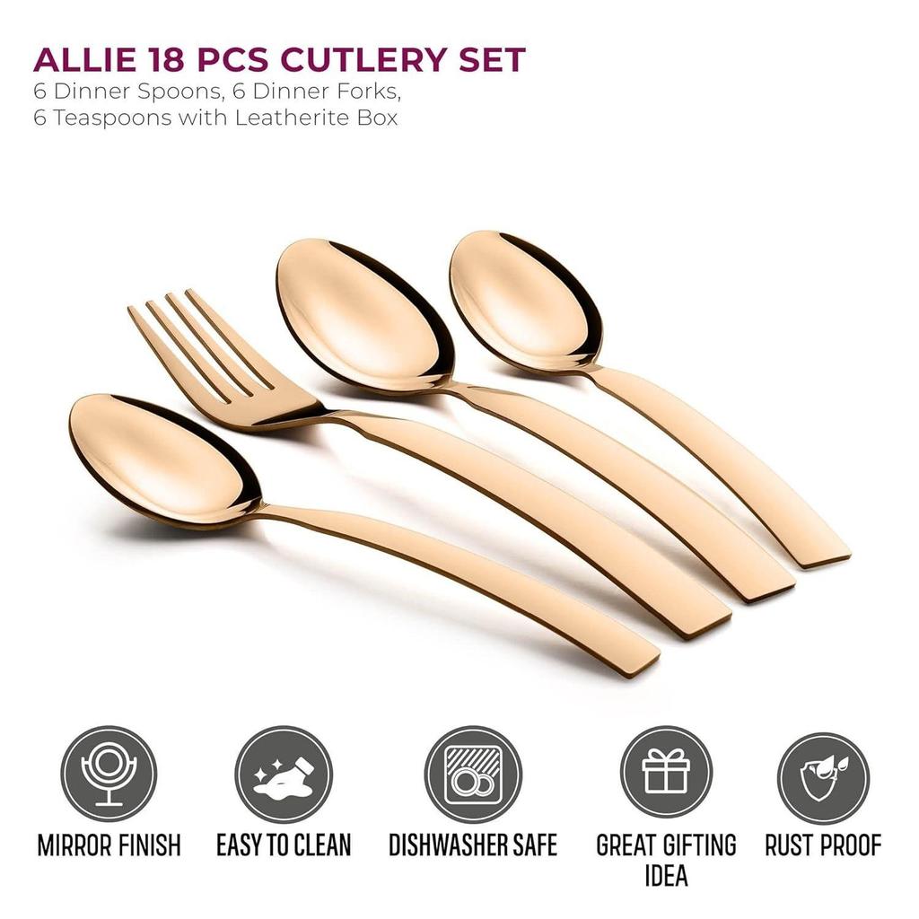 Allie 18-teiliges Besteckset aus Edelstahl in Roségold mit Kunstlederbox (6 Menülöffel, 6 Menügabeln, 6 Teelöffel)